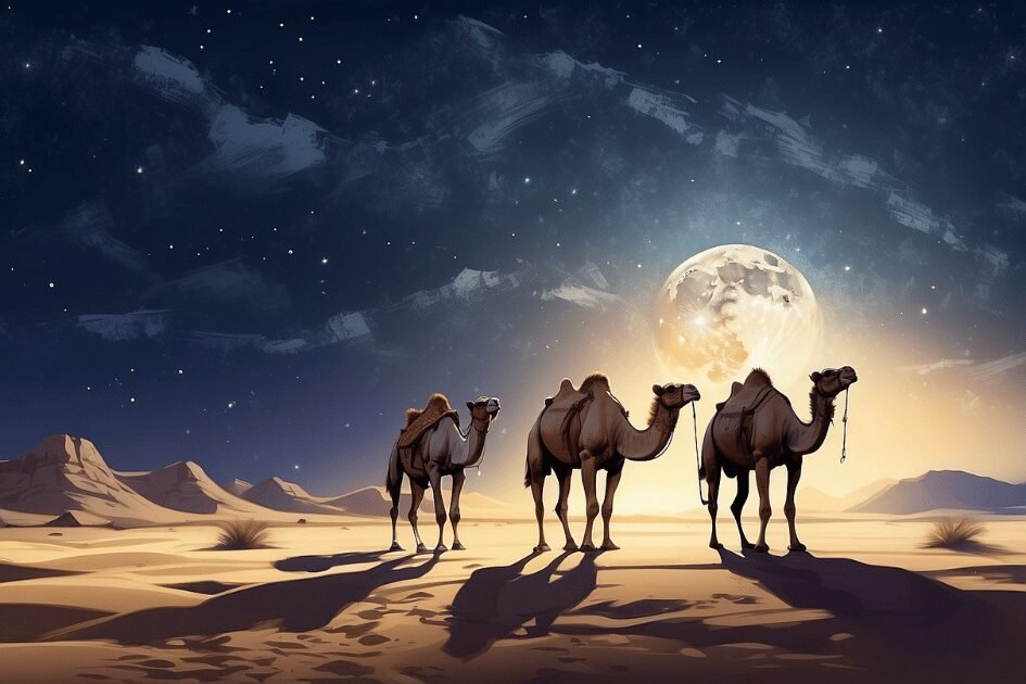 introduction to islam - 3 camels at night in the middle east