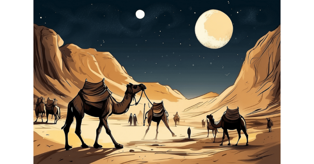 in the desert at night with camels 