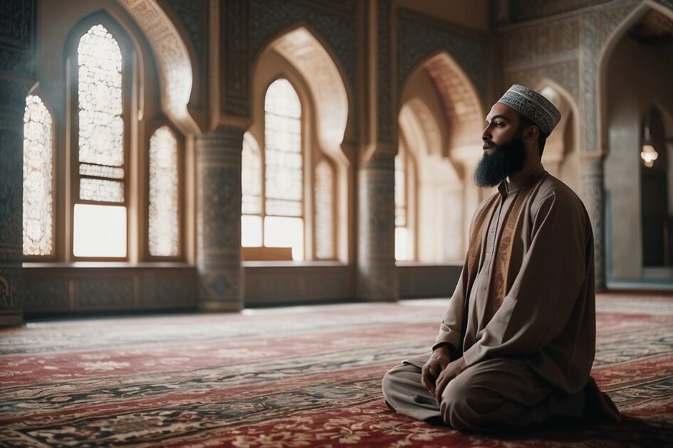 sunni muslims praying in the mosque