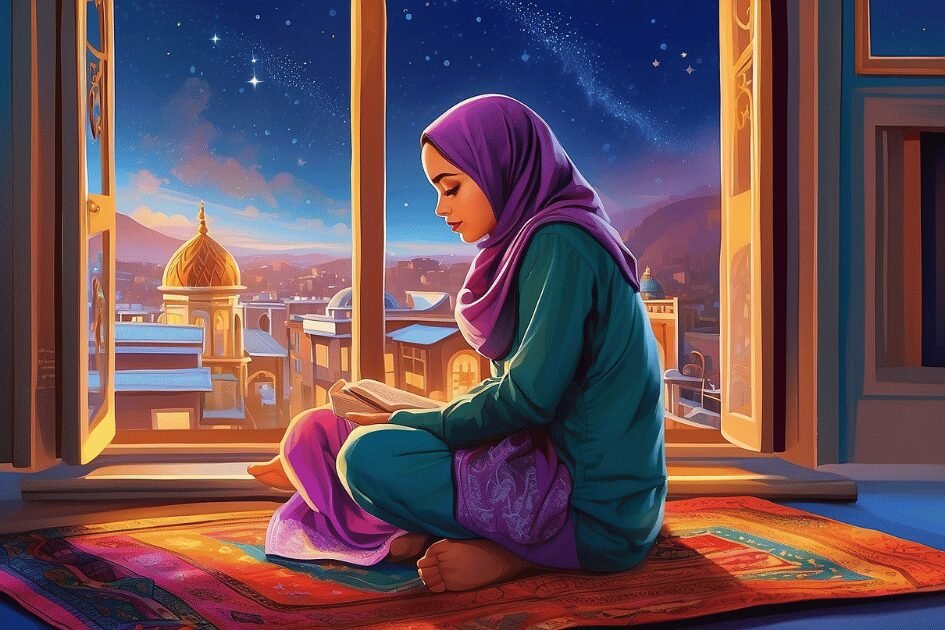 girl sending prayers by window and reviewing pillars of salah