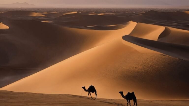 A single camel silhouette in the desert landscape at sunrise.